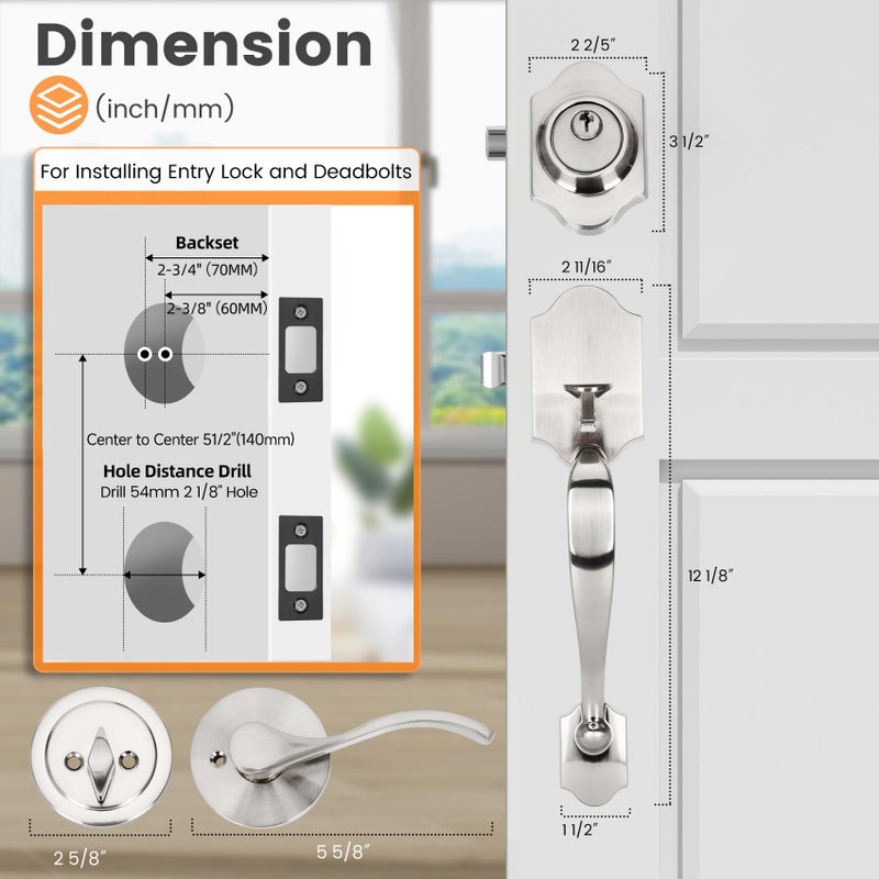Azdele Front Door Handle and Deadbolt Set, Front Door Lock Set, Exterior Door Lock Set, Front Door Handle with Single Cylinder Deadbolt for Exterior Door Reversible for Right&Left(Satin Nicke Classic) - Image 3